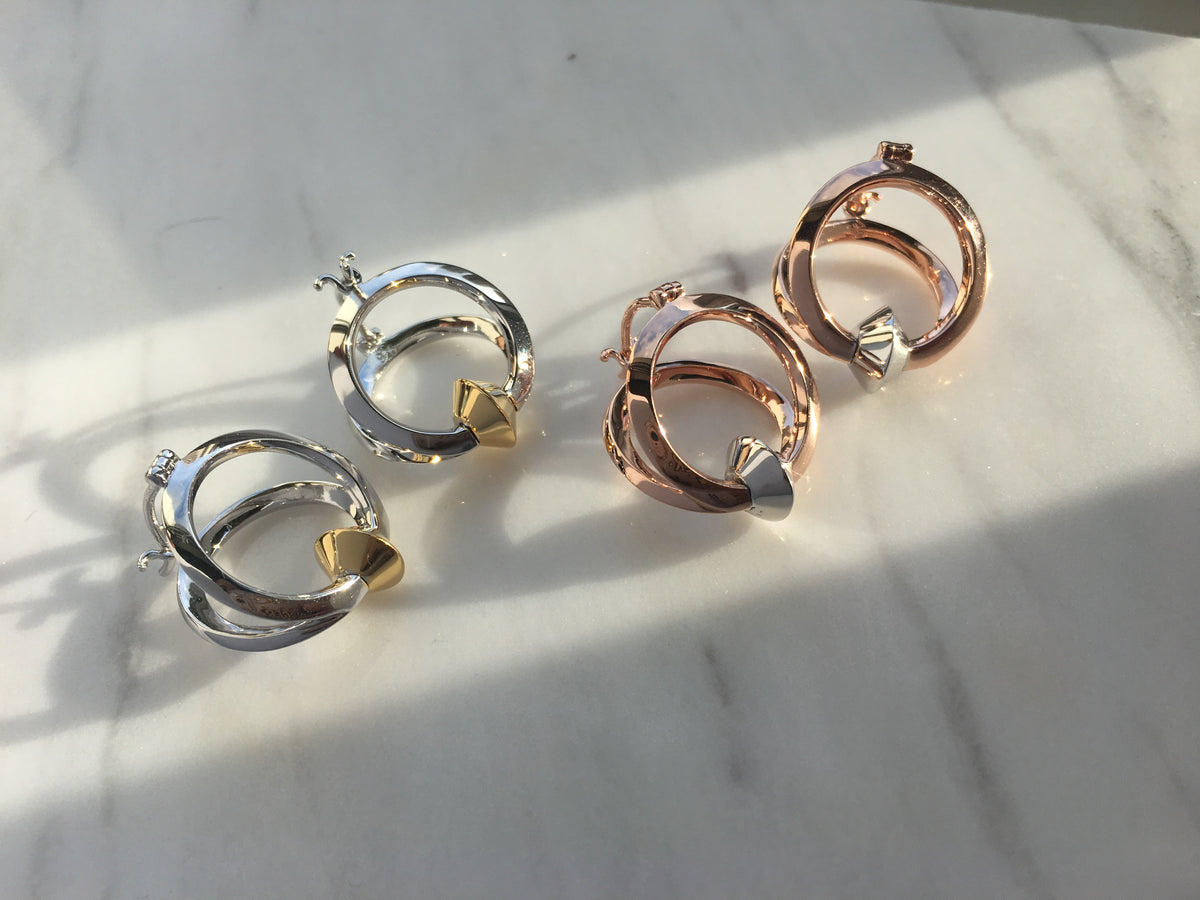 Modern everyday jewelry - earring hoops with 18k gold, 18k rose gold and rhodium platings. Handmade with sterling silver in high polished finishing. 