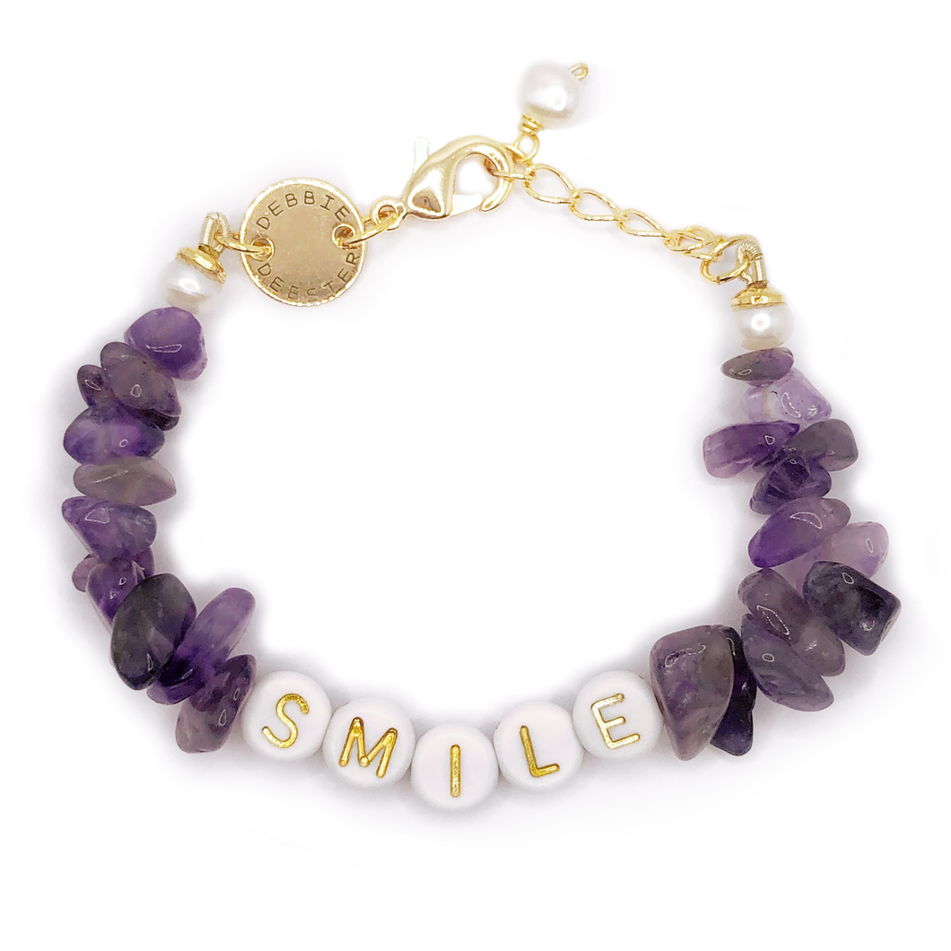 Personalised amethyst bracelet with SMILE acrylic beads