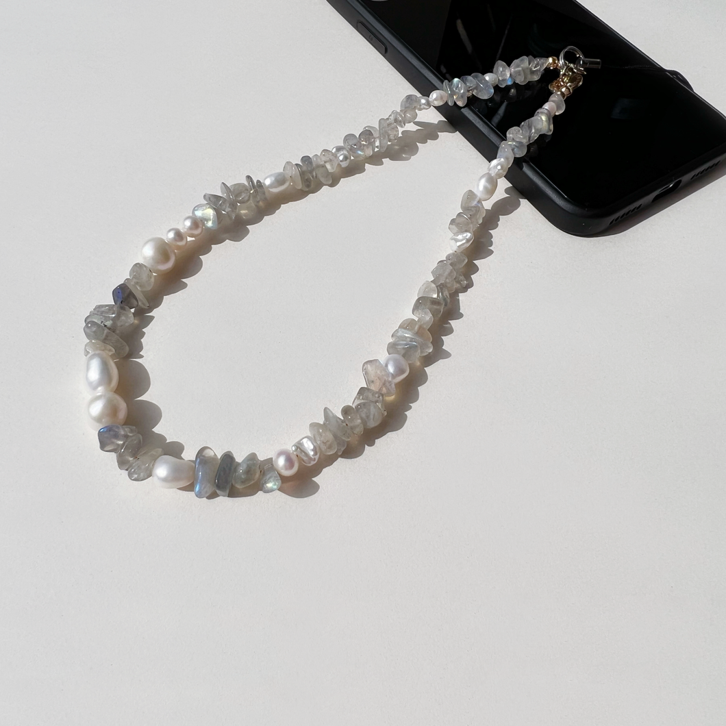 Labradorite crystal phone charm with freshwater pearl nuggets by Debbie Debster