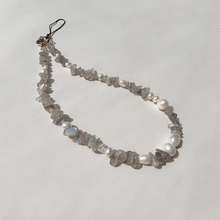 Load image into Gallery viewer, Labradorite crystal chips and pearls phone charm by Debbie Debster jewellery
