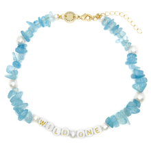 Load image into Gallery viewer, Sky blue aquamarine chips and freshwater pearls necklace with bespoke WILD ONE beads
