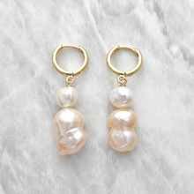 Load image into Gallery viewer, White and Pink Pearl Earrings with Gold Hoops

